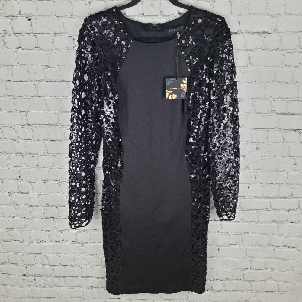 FOREST LILY | sequin lace long sleeve scoop neck bodycon cocktail dress